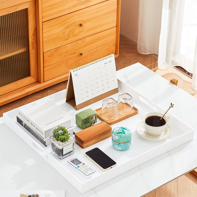 Oversize Extra Large King Size Bed Tray for eating Big Glossy White Acrylic Serving Tray with Handles 24x24 Inch -Spill Proof- Decorative Countertop Organizer for Ottoman,Bed,Party, Butler Tray