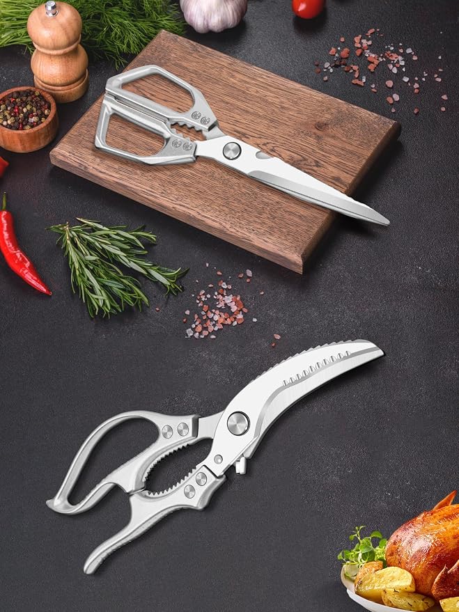 2 Pack Kitchen Shears, Heavy Duty Poultry Shears with Non-Slip Handle & Safety Lock, Spring Loaded, All Purpose Kitchen Scissors for Food, Meat Cutting, Chicken, Fish, Vegetables