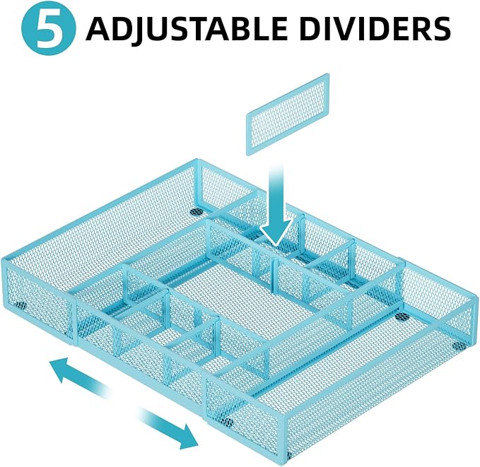 Marbrasse Expandable Desk Drawer Organizer, Mesh Drawer Organizer Tray with 10 Adjustable Compartments, Desk Organizers and Accessories for Office Supplies, Makeup & Vanity (Expandable-Blue)