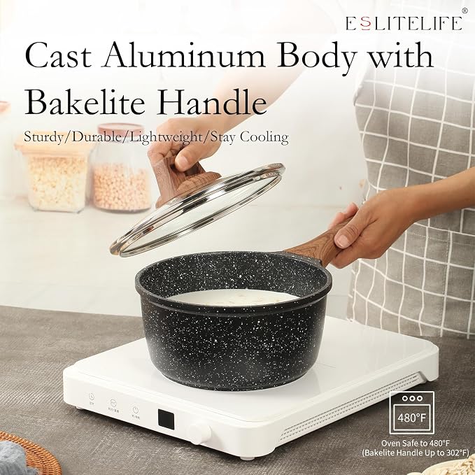 ESLITE LIFE Nonstick Sauce Pan with Lid, 2.5 QT Small Soup Pot Compatible with All Stovetops (Gas, Electric & Induction), PFOA Free, Black