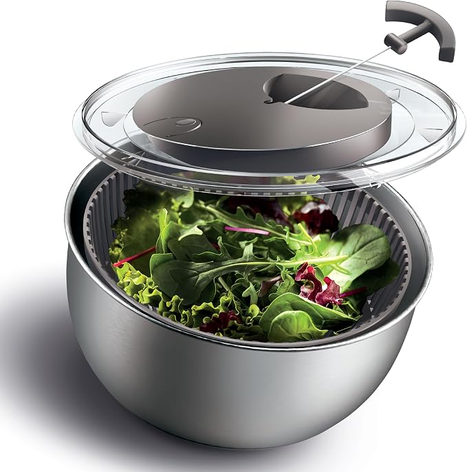 COOK WITH COLOR Stainless Steel Salad Spinner - 5 Qt. Lettuce Washer And Vegetable Spinner Dryer for Easy Salad Prep - Non Slip Base with Pull Handle - Auto Stop Brake System, Stain and Odor Resistant