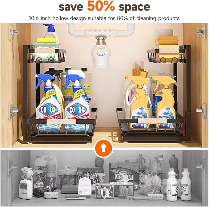 2-Pack 2-Tier Height Adjustable Under Sink Organizer & Storage | Multi-purpose storage for kitchen & bathroom cabinet. Extra Large brown shelf, height adjustable design for space-saving.