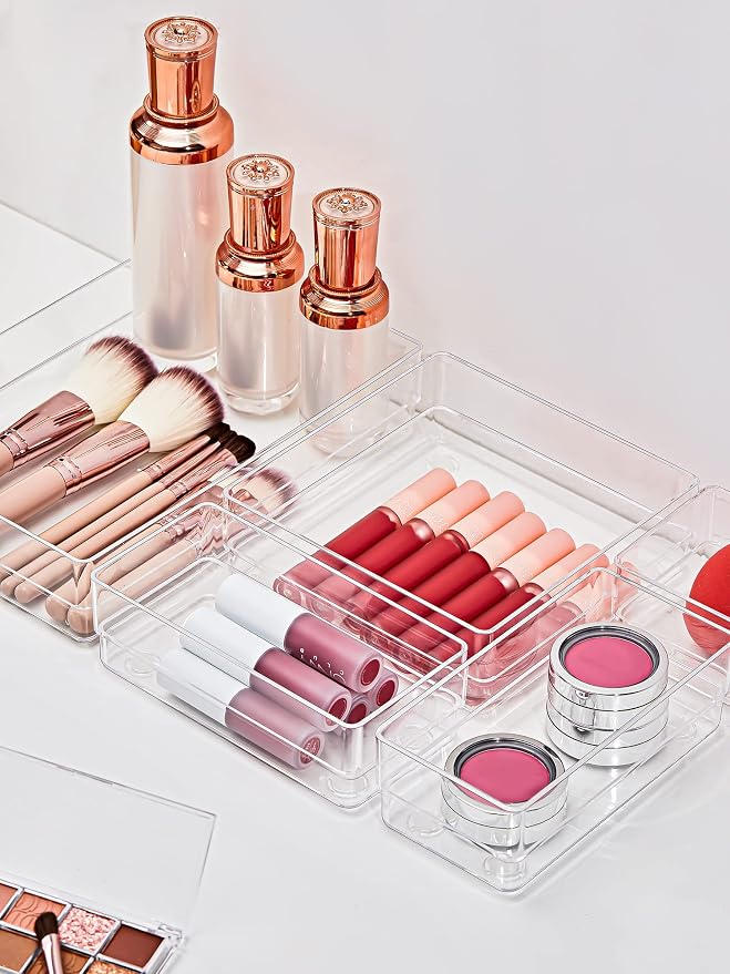 SMARTAKE 16 PCS Drawer Organizer, 5-Size Desk Bathroom Drawer Organizer | 5-Size Storage Tray with Non-Slip Silicone Pads for Makeup, Jewelries, Utensils in Bedroom Dresser, Office and Kitchen, Clear