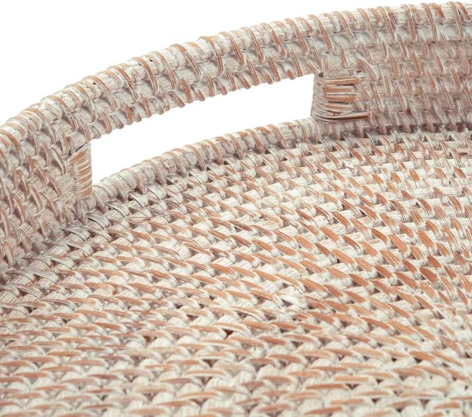 14" Round Rattan Tray, Hand Woven Serving Tray with Handles, Wicker Serving Basket, Decorative Tray for Home Decor, Whitewash