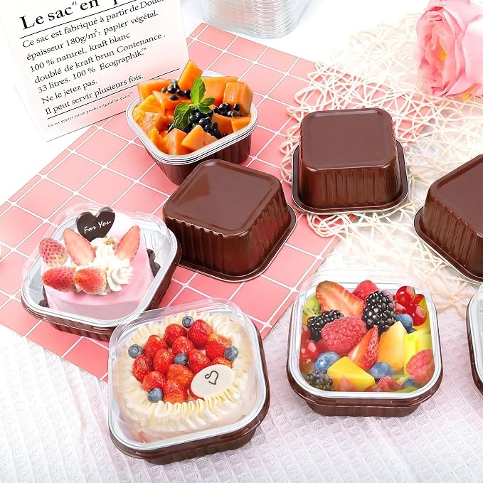 60Pack 5oz Brown Mini Cake Pans with Lids Baking Cups Aluminum Foil Pans Tins, Individual Dessert Cups Containers for Sales,Party,Picnics