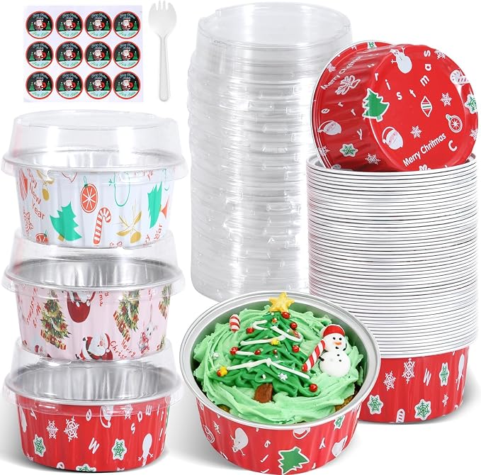 100Pack Mixcolor Christmas Cupcake Liners, 5oz Mini Cake Pans with Lids Xmas Aluminum Cups Disposable Ramekins Muffin Tins Containers for Gift Holiday Birthday Party Cake Baking Stackable Portable