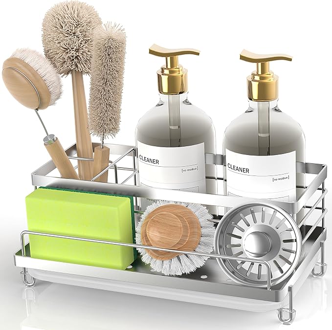 Cisily Stainless Steel Sponge Holder for Kitchen, Sink Caddy Sink Organizer Rack for Kitchen Accessories with Drip Tray, Rustproof and Non-slip, Dish Soap Dispenser Countertop Organizer