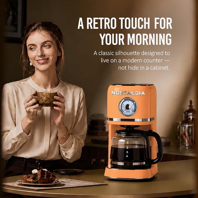Nostalgia Classic Retro 10 Cup Coffee Maker - One-Touch Drip Brew, Reusable Filter - Anti-Drip, Auto Shutoff, & Time Display - Dishwasher Safe 50 oz Carafe - Orange