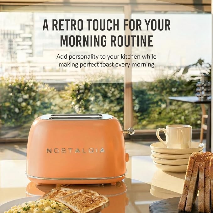 Nostalgia Classic Retro 2-Slice Toaster- Vintage Design- Enamel Coated Steel Body- Wide Slots for all Breads- Crumb Tray, Cord Storage- Defrost,Cancel and Bagel Function & 6 Toasting Levels- Orange