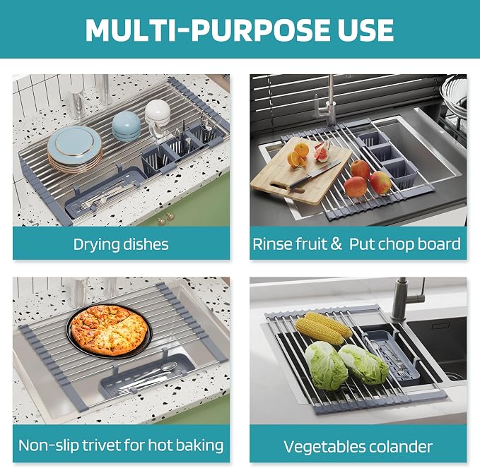 BBXTYLY Expandable Roll Up Dish Drying Rack Up to 22.8''with 2 Storage Baskets,Over The Sink Kitchen Rolling up Dish Drainer Drying Rack, Foldable,Rollable,for Kitchen Dishes(Expandable Width Size)