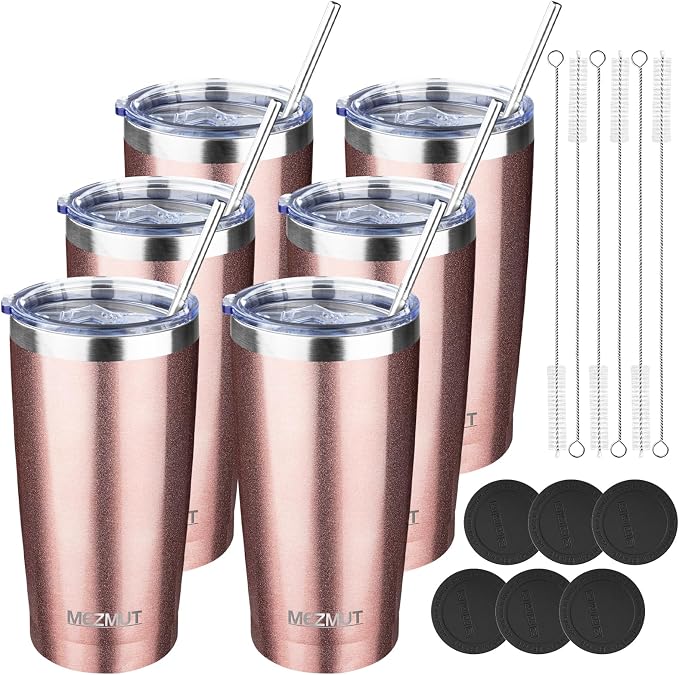 MEZMUT 20oz Insulated Tumbler Travel Coffee Mug with Lid(Rose Gold,6 Pack) | Stainless Steel Double Wall Vacuum Spill Proof Metal Tumbler Bulk with Lid and Straw, Hot or Iced Coffee Cup for Man Women