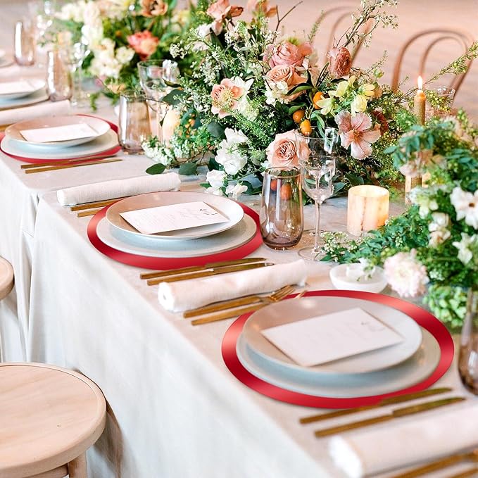 100PCS 13in Round Red Placemats, Disposable Paper Chargers Plate | Mirrored Red Paper Placemats for Dining Table, for Christmas Valentines Kitchen Banquet Wedding Birthday Party Table Decor