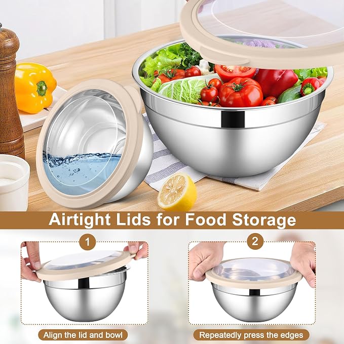LIANYU 6 PCS Mixing Bowls with Visible Lid, Size 7, 3.5, 2.5, 2, 1.5, 1QT | Large Stainless Steel Nesting Bowl Set, Metal Kitchen Serving Bowls for Cooking, Baking, Freezer & Dishwasher Safe, Khaki