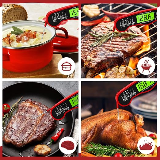 AWLKIM 2 Pack Meat Thermometer Digital, Instant Read Food Thermometer, Red | Waterproof cooking thermometer with doneness chart, backlight, F/C switch for BBQ, candy, oil