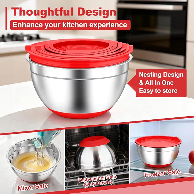 TeamFar Mixing Bowls, Stainless Steel Salad Bowls with Lids - Red | Nesting Bowls with Non-slip Bottom, for Kitchen Baking Preparing Serving, Stackable & 6PCS - 4.6 /2.6 /2 / 1.5 /1 / 0.7 Qt