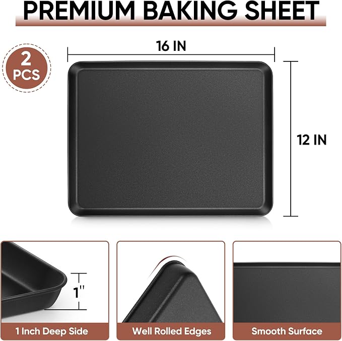 E-far 2 Pack Baking Sheet, 16" x 12" x 1" Large Cookie Sheet Pan for Baking | Nonstick Carbon Steel, Half Sheet Baking Pans Trays for Oven, Roasting/Cooking, Non-toxic & Healthy, Heavy Duty, Easy Clean