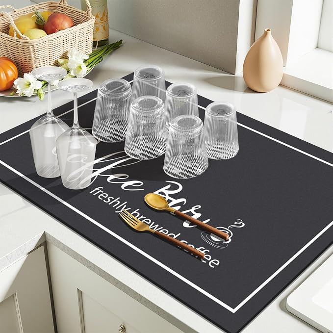 Findosom Dish Drying Mat, 16"x 24" Super Absorbent & Hide Stain Coffee Mat, Cuttable Drying Mat for Kitchen Counter, Coffee Bar Accessories, Under Dish Rack, Coffee Maker, Espresso Machine, Black