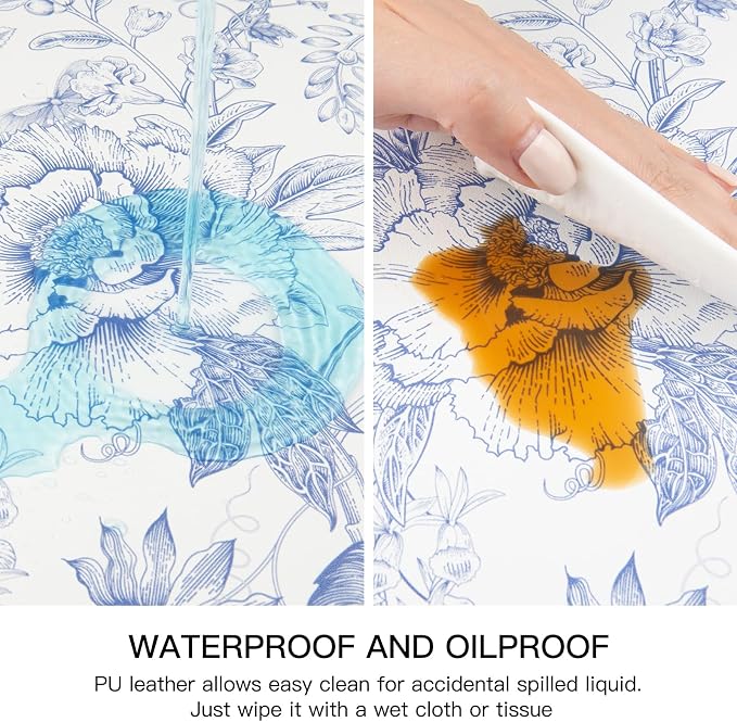 QIYI PU Leather Placemats Set of 6, 12"x18" Waterproof Table Mats, Toile | Faux Leather, Heat Resistant, Anti Slip, Wipeable Place Mats for Kitchen Dinning, Party Table Décor, Blue Flowers