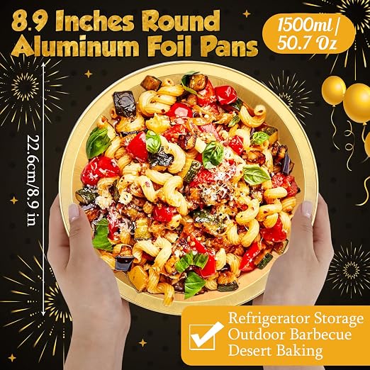 9 Inch Heavy Duty Aluminum Pie Tins Bulk with Lid, Oven and Freezer Safe Disposable Pie Pizza Pan Dessert Baking Cups for BBQ Camping Graduation Father's Day Party Favors(25 Pack,Black,Gold)