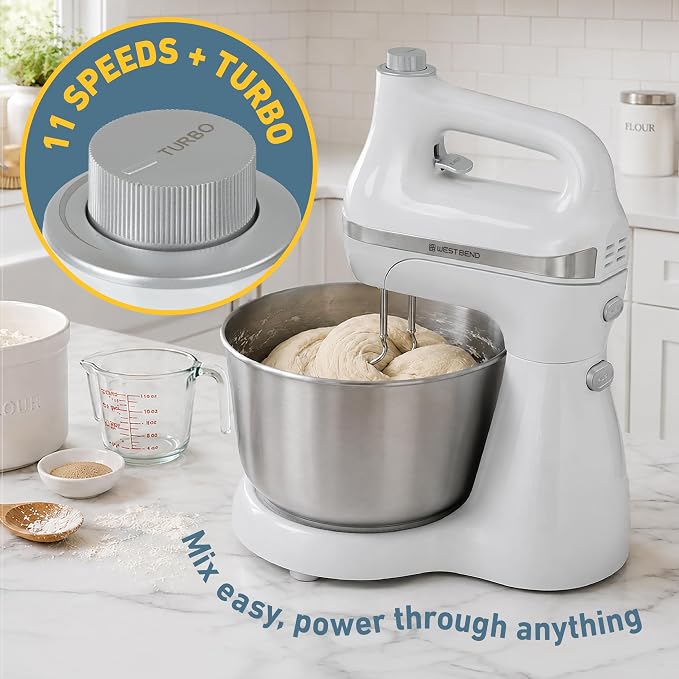 West Bend Two Sweet 2-in-1 Hand & Stand Mixer, 11 Speeds with Turbo Boost, 4.4 Qt Rotating Bowl, Dough Hooks, Beaters & Whisk, Tilt-Head Design, 550 Peak Watts, White