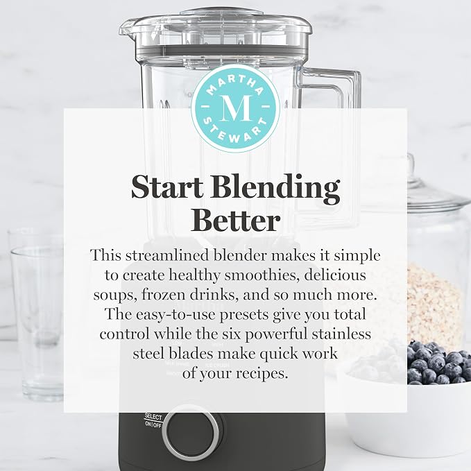Martha Stewart 50oz Countertop Blender, 3 Speeds, 5 Presets, Caviar Gray | BPA-Free Pitcher, Smoothies, Margaritas, Milkshakes & Ice Crushing, Stainless Steel Blades, Auto-Clean, Dishwasher-Safe Parts
