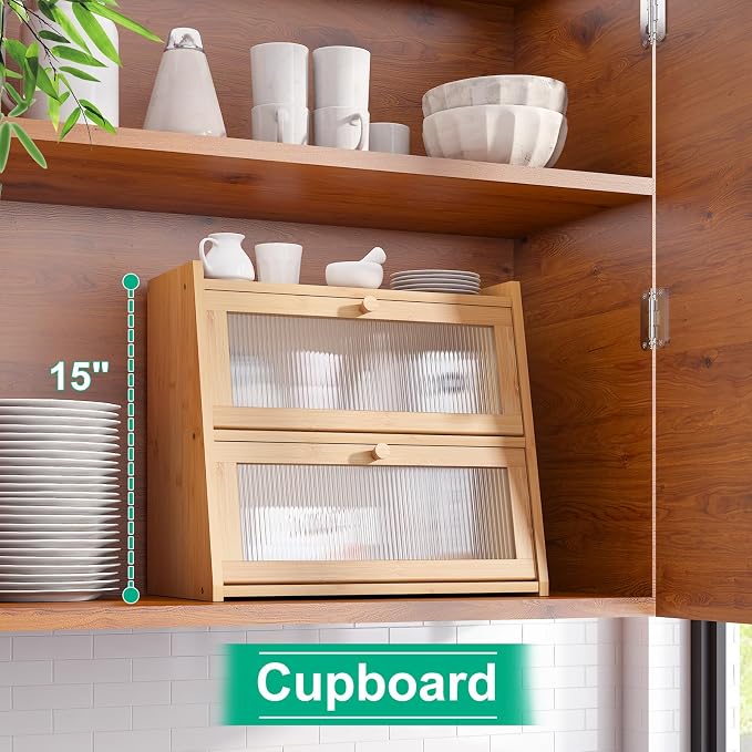 kiplant 2-Tier Bamboo Bread Box, Double Layer Bread Box for Kitchen Counter, Large Bamboo Bread Storage Container with Wavy Acrylic Transparent Door
