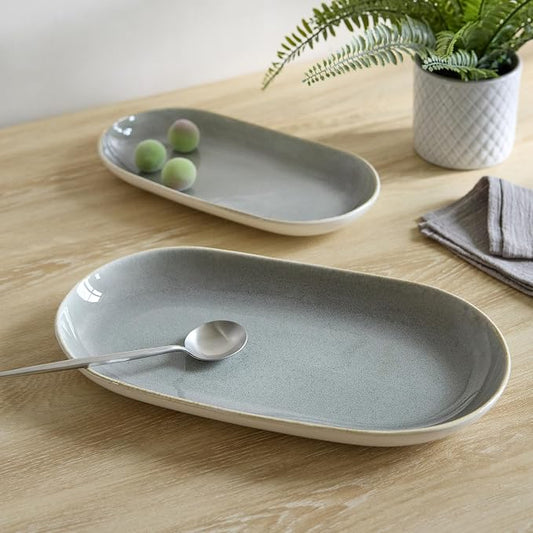 SANGO Resona Moss Serving Platters Set of 2, 14/12 Inch Stoneware Serving Dishes for Entertaining, Glossy Party Serving Trays with Reactive Glaze, Buffet Oval Platters for Bread, Appetizer, Cheese