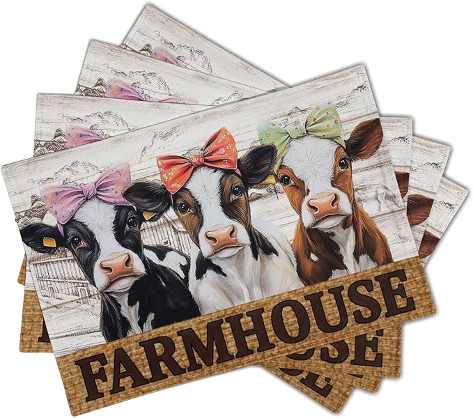 Cute Cow Farmhouse Placemats 4pcs, Farm Animal Tabletop Mat Rustic Style Non-Slip Washable Place Mats 12 x 18 Inch for Holiday Kitchen Dining Decor