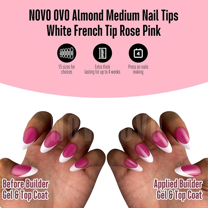 NOVO OVO White French Tip Almond Nail Tips Press on ROSE PINK, Extra Thick Medium Soft Gel Fake Nail Acrylic Extension, Need Builder Gel Top Coat, No Glue Included, for Salon DIY x 15 Sizes 240 pcs