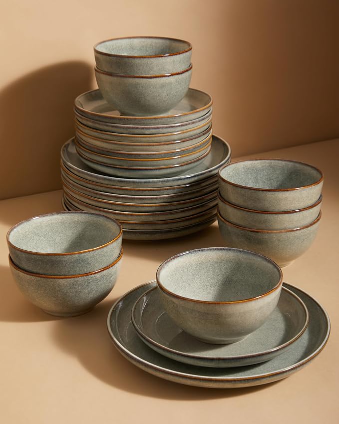 24 Piece Dinnerware Sets for 8, Modern Stoneware Plates and Bowls Setst, Perfect for Family Gatherings & Holiday Celebrations, Easy Cleaning Dishes Set, Stack Compactly Dishware, Green Wheat