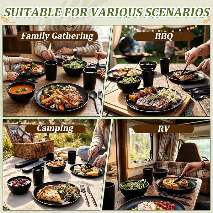PYRMONT Dinnerware Set Wheat Straw Bowls and Plates Set Unbreakable Kitchen Dishes Service for 4 Microwave & Dishwasher Safe Plastic Dish Set for Camping,RV,Picnic-Black