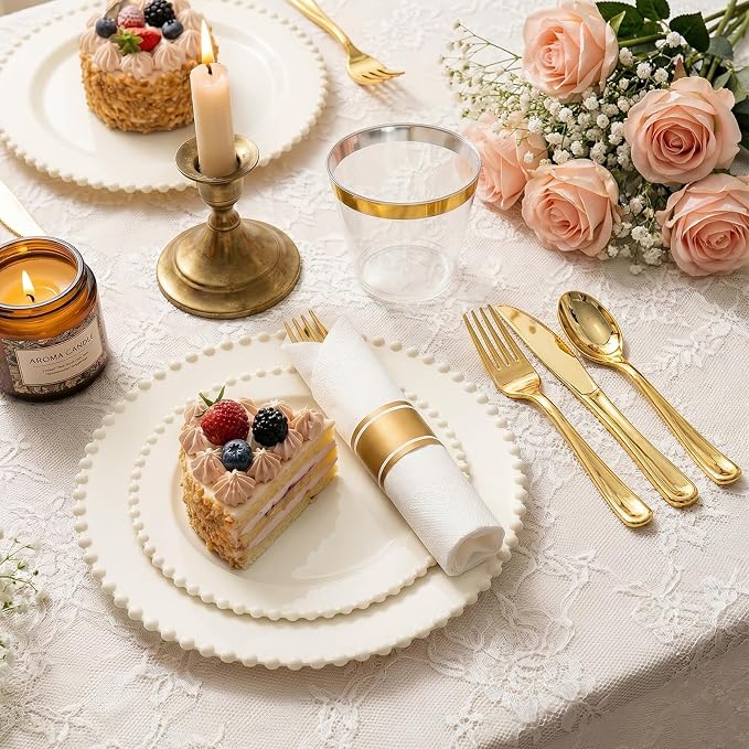 175pcs Plastic Dinnerware Set Ivory 25 Guests for Wedding | Fancy Beaded Plastic Plates Include 50 Elegant Plastic Plates,25 Cups and 25 Pre Rolled Napkins with Cutlery Set