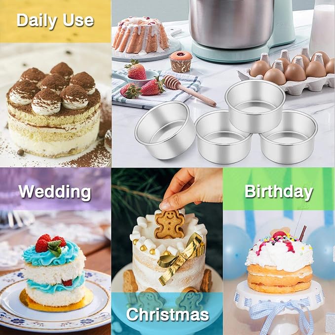 TeamFar 4 Inch Cake Pan, 6 Pcs Stainless Steel Round Baking Cake Pans Set | Layer Cake Baking Pans Set for Baking Steaming Serving, Healthy & Sturdy, Mirror Finish & Dishwasher Safe