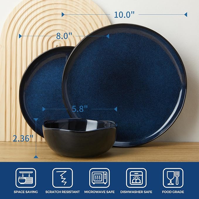Extra Large Dinnerware Set for 12, 36 Pieces Ceramic Plates and Bowls Set, Kitchen Dish Set, Microwave & Dishwasher Safe Dishware, Ocean-Inspired Stoneware for Big Gatherings, Starry Blue