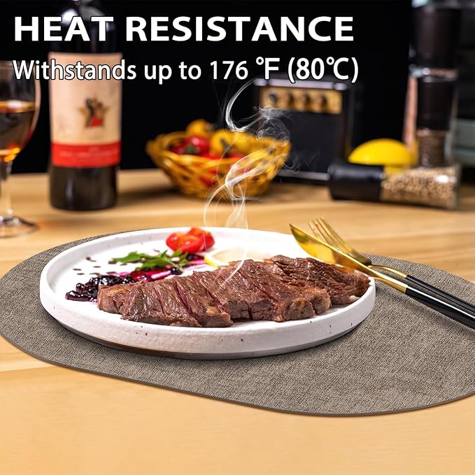 Placemats Set of 12-17" x 11.8" Waterproof & Heat Resistant Oval Place Mats, Wipeable Washable Double Layer Faux Leather Table Mats, Dark Brown