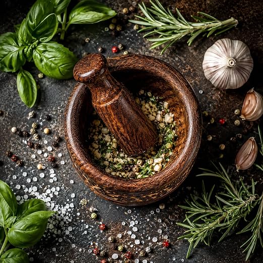 Handmade Wooden Mortar & Pestle Set, Herb Spice Garlic Masala Grinder Bowl | Rustic manual kharal crusher for ginger, peppercorns, seasonings, pesto, guacamole, pill crusher, easy to clean, kitchen prep