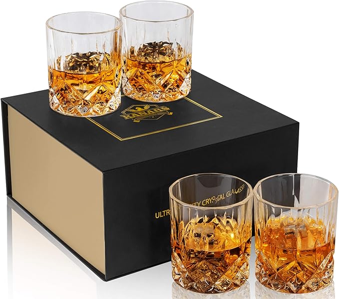 KANARS Old Fashioned Whiskey Glasses with Luxury Box - 10 Oz Rocks Barware For Scotch, Bourbon, Liquor and Cocktail Drinks - Set of 4 - Men Gift | Rocks Barware For Scotch, Bourbon, Liquor and Cocktail Drinks Set of 4 Men Gift