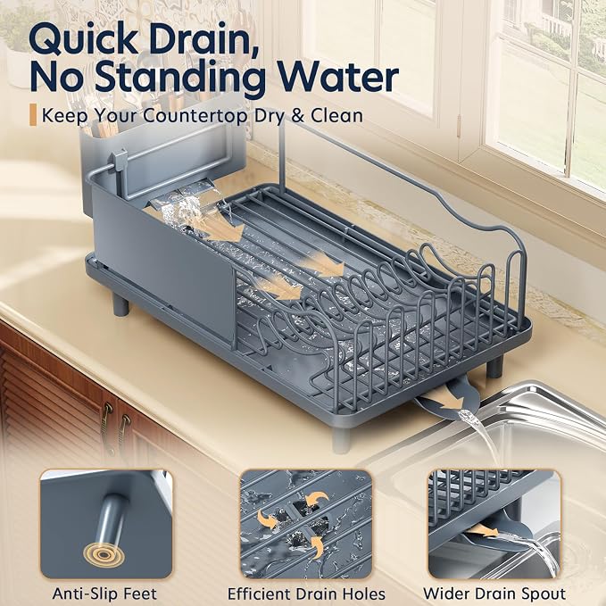 KINGRACK Dish Drying Rack for Kitchen Counter, Dish Drainer with Cup Holder | 16.9"L x 12.4" W Dish Rack with Spacious Drying Capacity, Quick Auto Dish Drainer for Plate Dish Dinnerware, Blue