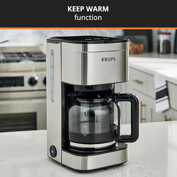 KRUPS Coffee Maker 10 Cups Simply Brew Stainless Steel Drip Coffee Maker, 900 Watts Coffee Filter, Drip Free, Dishwasher Safe Pot , Black & Silver | Pause & Brew mid-cycle pour, Keep Warm function, Reusable filter included, Drip-free dishwasher-safe gl...