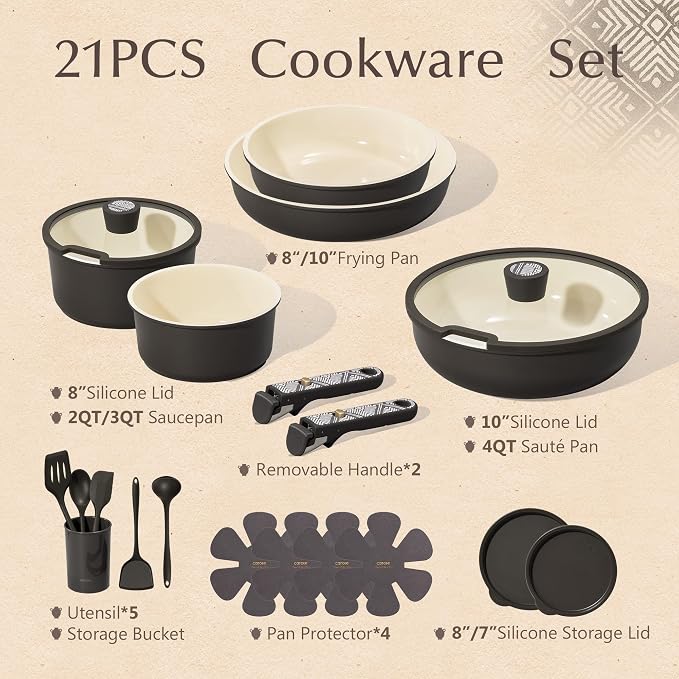 CAROTE 21pcs Ceramic Cookware Set, Pots and Pans Set with Detachable Handle | Non-Stick, Non-Toxic, PFAS&PFOA Free, Induction Compatible, Dishwasher & Oven Safe, Space Saving, Camping Cooking, Charcoal