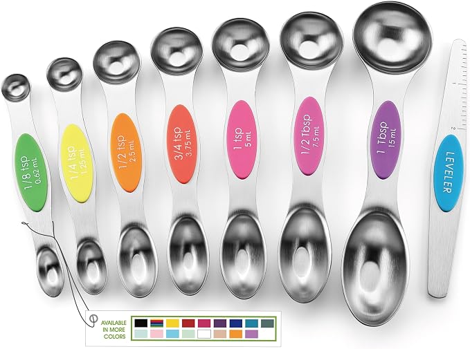 Spring Chef Stainless Steel Magnetic Measuring Spoons Set of 8, Neon | Dual Sided Metal Teaspoon & Tablespoon Measuring Spoons w/ Leveler for Dry & Liquid Ingredients, Fits in Kitchen Spice Jars