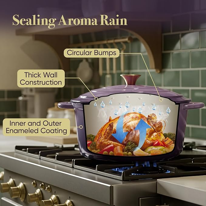 Vintage Style 4.5 Quart Dutch Oven Pot with Lid, Non Stick Enameled Cast Iron Dutch Oven for Bread Baking, Heavy-Duty, Oven Safe Ceramic Cookware Up to 500°F for Baking, Braising, Stews, Roasting, Purple