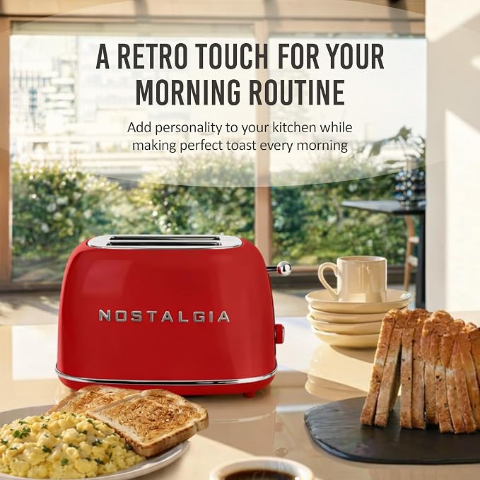 Nostalgia Classic Retro 2-Slice Toaster- Vintage Design- Enamel Coated Steel Body- Wide Slots for all Breads- Crumb Tray, Cord Storage- Defrost,Cancel and Bagel Function & 6 Toasting Levels- Red
