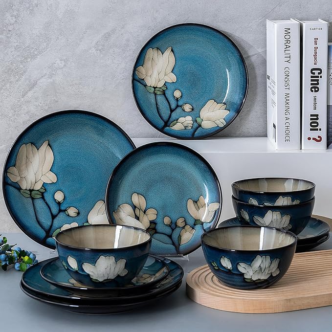Dinnerware Set Blue Stoneware 12 Pieces Service for 4, Stoneware Plates and Bowls Set Stoneware Set, Dishwasher Microwave Safe Dishes set