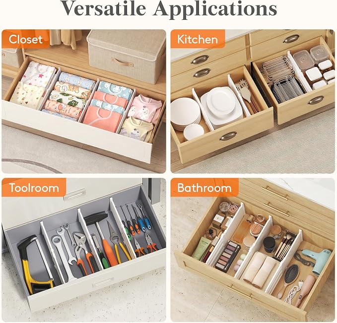 Lifewit 6" Tall Drawer Dividers, Adjustable Deep Drawer Organizer Clothes | 12 Pack 11.5"-18.5" Expandable White Plastic Separators for Dresser, Kitchen, Cabinet, Closet, Office Organization & Storage