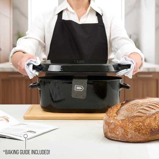 KooK Dutch Oven, For Sourdough Baking, Dual Handles, Enameled Cast Iron, includes Silicone Mat and Sourdough Guide, Dishwasher Safe, Oven safe 500F, 5 Qt, (Black)
