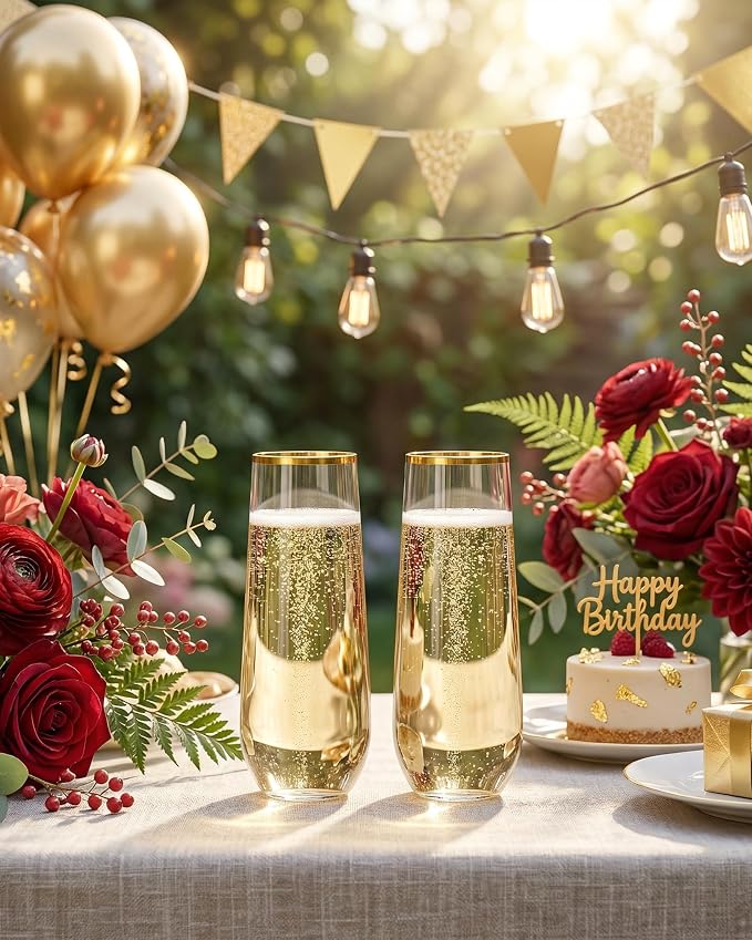 Ciaell 24 Pack Gold Plastic Champagne Flutes for Mimosa Bars | 9 oz Gold Stemless Mimosa Glasses, Heavy Duty Plastic, Champagne Mimosas Wine Cocktails for Weddings Birthdays Parties