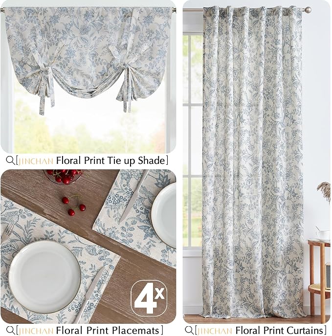 JINCHAN Linen Floral Placemats Set of 4 Farmhouse 13x19 Inch Blue | Fabric Placemats, Cottage Style, Vintage Botanical Pattern, Machine Washable, Easy to Store, Reusable