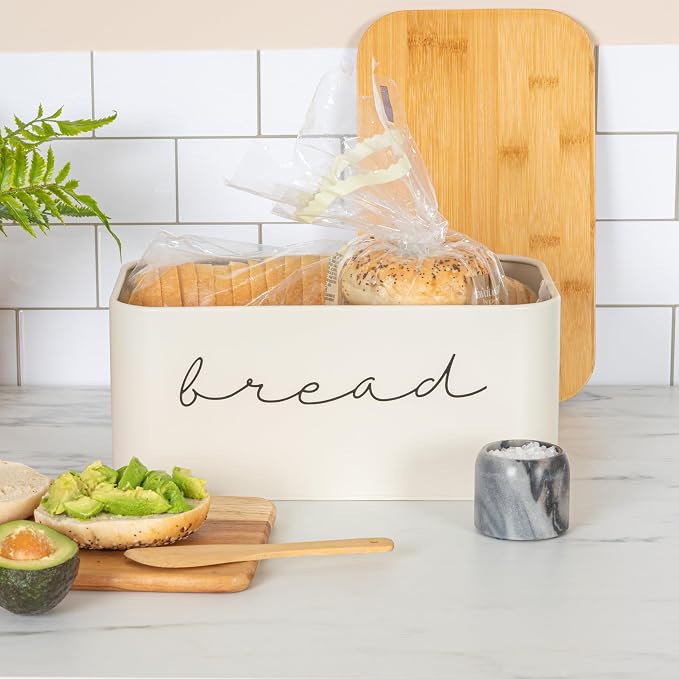 Bloomingville Metal "bread" Bin with Bamboo Lid, Cream