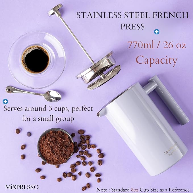 Mixpresso French Press Coffee Maker, 26 Oz Stainless Steel Coffee Press | Double wall insulated stainless steel French Press with durable filter for coffee or loose leaf tea, easy to press and clean